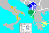 Az albán nyelvjárások (kék: geg, zöld és sárga: toszk, narancs: átmeneti)