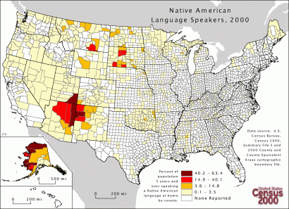 Az amerikai indián nyelvek mai beszélőinek eloszlása az USA-ban.