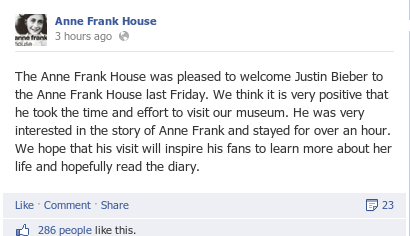 Az Anne Frank House mai bejegyzése, amelyben örömét fejezi ki Bieber látogatásával kapcsolatban