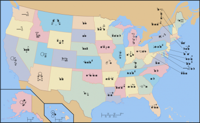 Az Egyesült Államok térképe az államok elnevezéseivel, amerikai jelnyelven, SignWriting lejegyzésel