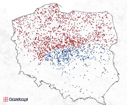 Az -ewo (piros) és az -ew (kék) végű településnevek