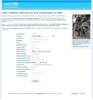 Az UNICEF nevében pénzt kérő, hamisított weblap