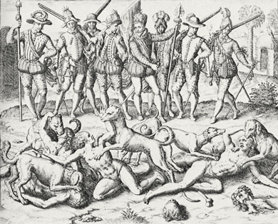 Balboa kutyákkal tépeti szét a homoszexuális panamai indiánokat – metszet 1594-ből
