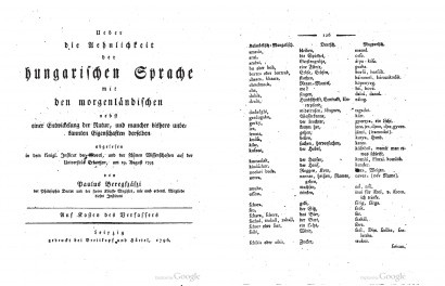 Beregszászi Nagy Pál Über die Ähnlichkeit der hungarischen Sprache mit den morgenländischen című művének címlapja és egy oldala a mongol szólistával