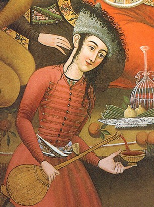 Bort töltő perzsa nő. 17. századi falfestmény az iráni Iszfahánból
