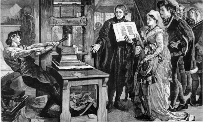 Caxton éppen a nyomtatványát mutatja IV. Eduárd királynak és feleségének