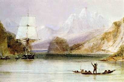 Conrad Martensnek, a Beagle házifestőjének képe arról, hogyan üdvözölték az utazókat a bennszülöttek Tierra del Fuegon 