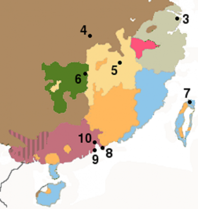 Fontosabb dél-kínai nyelvjárások: kék - min, narancs - hakka, lila - kantoni, barna - mandarin, szürke - vu (3 - Sanghaj, 7 - Tajpej, 8 - Hongkong)