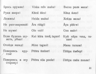 Dobd el a fegyvert. Fel a kezekkel. Feküdj. Ne beszélj. Maradj csendben. Ha nem maradsz csendben, megöllek. Vissza! Fordulj meg! Fordulj erre!