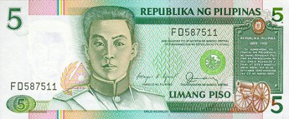 Emilio Aguinaldo, az első Fülöp-szigeteki Köztársaság elnöke egy 2010-es öt pesós (filippínó nyelven: piso) bankjegyen