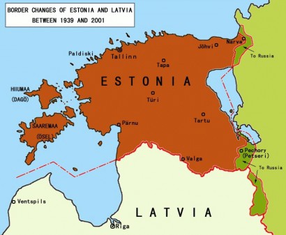 Észtország határai a két világháború között és most. A sötétzölddel jelölt területeket a szovjet megszállás idején csatolták Oroszországhoz