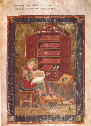 Ezdrás (Ezra), a hagyomány szerint a Tóra összeállítója, egy koraközépkori kódex ábrázolásán