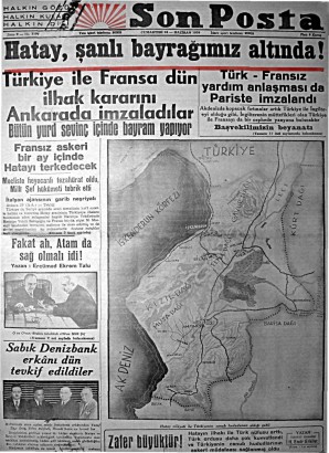 Hatay újra török! – A Son Posta című török újság címlapja1939-ből
