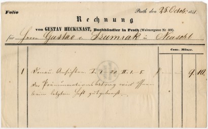 Heckenast Gusztáv 1841-ben kelt egynyelvű német nyomdaszámlája