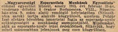 Híradás a Magyarországi Esperantista Munkások Egyesülete megalakulásáról a Népszava 1913. február 23-i számában