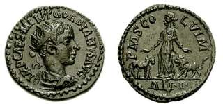 III. Gordianus császár (238–244) korából (és Viminaciumból) származó érme a császár arcképével és a Moesiát szimbolizáló alakkal a bika és az oroszlán között