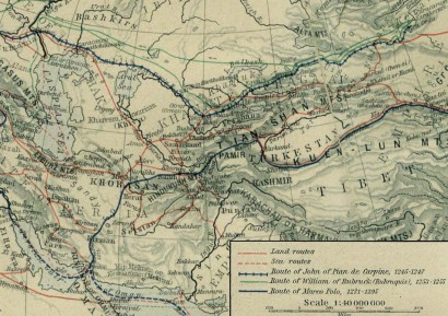 Johannes de Plano Carpini útja (áthúzott kék vonal) 1245 és 1247 közt Ázsiában. IV. Ince követeként járt Batu kán udvarában