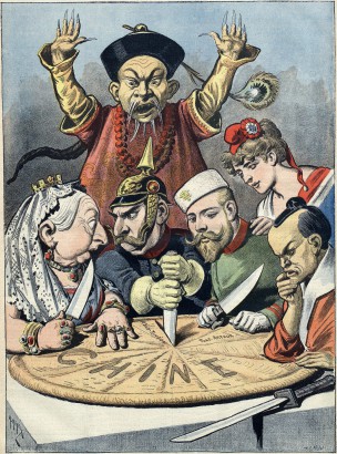 Karikatúra 1898-ból, abból az időből, amikor még angolok, németek, amerikaiak, franciák, japánok többé-kevésbé egyenlő esélyekkel versengtek Kínában