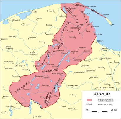 Kasubföld a kasubok néprajzi csoportjainak megnevezéseivel