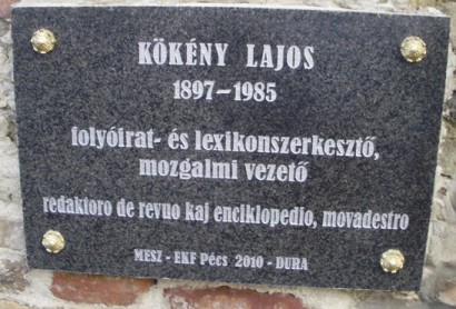 Kökény Lajos emléktáblája Pécsen, az Eszperantó parkban