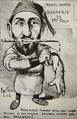 Korabeli francia karikatúra az örmények mészárosáról, Abdul Hamid szultánról