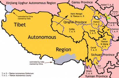 Különböző szintű autonómiával rendelkező tibeti területek Kínában