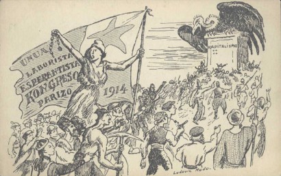 Ludovic Rodolphe Pissarro (Ludovic Rodo – 1878-1952) francia festő és eszperantista által tervezett képeslap az első, 1914-re tervezett (és elmaradt) munkáseszperantista kongresszusra
