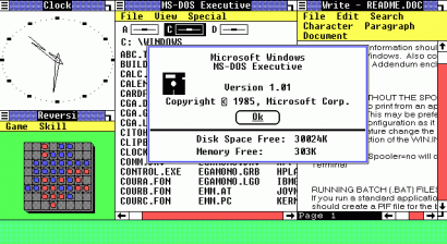 Microsoft Windows 1.01, a háttérben a Windows Write