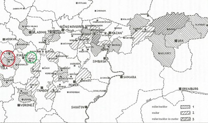 Mišerek/meščerek a Don forrásánál (piros karika), možarok Rjazany közelében (zöld karika) 