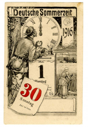 Német képeslap a nyári időszámítás 1916-os bevezetéséről