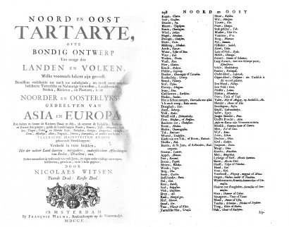 Nicolaes Witsen könyvének (Noord en Oost Tartarye) címlapja, s a kalmük szójegyzék egy oldala