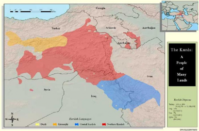 Nyelv Kurdisztánban: sárga - zazaki, piros - kurmandzsi, kék - szoráni. 