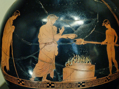 Ókori görög áldozati jelenet. Mi történik a képen?