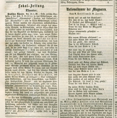 Persze ez is kimaradt: tudósítások és Petőfi Nemzeti dala németül a Der Spiegel 1848. március 18-i számában. A lapot a Királyi Magyar Egyetemi Nyomda gótbetű-készletével szedték
