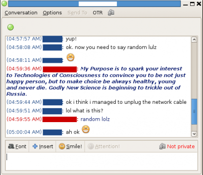 Pidgin Linux alatt. A piros "Not private" felirat figyelmeztet arra, hogy nincs bekapcsolva az OTR.