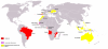 Portugál Nyelvű Országok Közössége (CPLP): piros - tagok, rózsaszín - megfigyelők, sárga - érdeklődők.