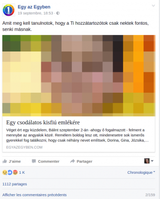 Népszerű poszt a Facebookon. A képernyőképet 2016. szeptember 21-én készítettük; a fényképet mi pixeleztük ki.
