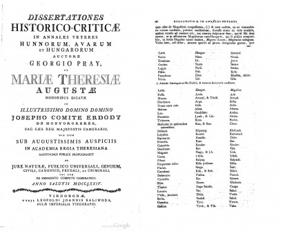 Pray György Dissertationes historico-criticae in Annales veteres Hunnorum, Avarum et Hungarorum című könyvének címlapja és egy oldala mongol szavakkal