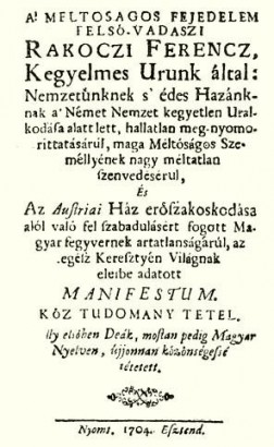 Rákóczi Manifesztuma – a magyar nyelvű változat címlapja