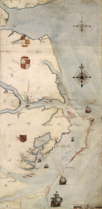 Roanoke 1585-ben (a térképen egy kis rózsaszín sziget)