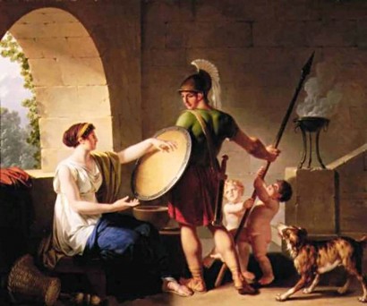 Spártai nő pajzsot ad egy ifjú harcosnak –  Jean-Jacques-François Le Barbier (1738–1826) festménye