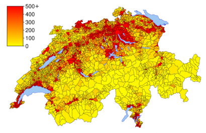 Svájc népszűrűségi térképe. R segítségével készült.