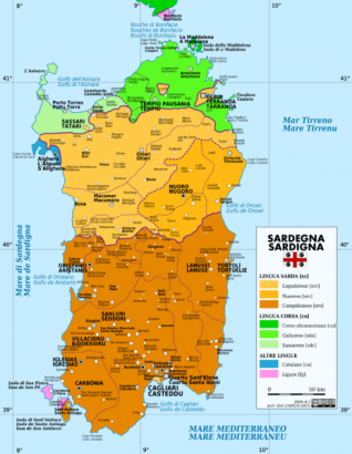 Szardínia nyelvei: szárd (barna),korzikai (zöld), katalán (kék), ligur (rózsaszín)