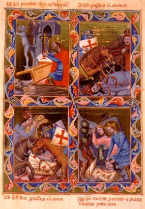Szent László legendája az 1300-as évekből, jól látható a pajzson a kereszt