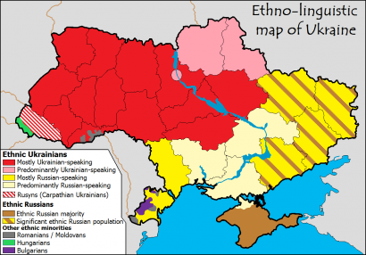 Ukrajna etnikai-nyelvi képe. Ukránok piros: ukrán nyelvű, rózsaszín: főleg ukrán nyelvű, sárga: orosz nyelvű, fehér: főleg orosz nyelvű. Oroszok: barna.
