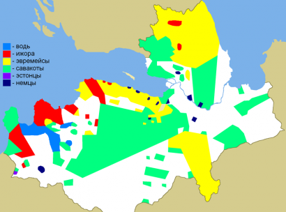 Világos határok egy 1849-es etnográfiai térkép alapján (pirossal az izsórok, kékkel a vótok, zöld és sárga: a finnek két csoportja)