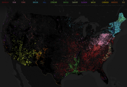 Vízfolyások leggyakoribb megnevezései az USA-ban. Nagyítható az eredeti oldalon.