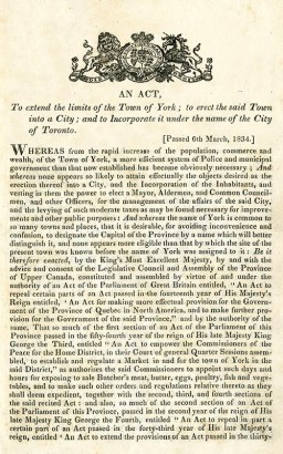 Yorkból Toronto lesz – az erről szóló 1834-es törvény első oldala