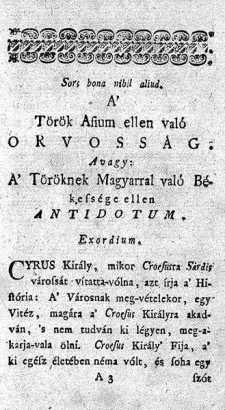 Zrínyi Miklós: Az török áfium ellen való orvosság – az első, nyomtatásban megjelent kiadás címlapja 1705-ből
