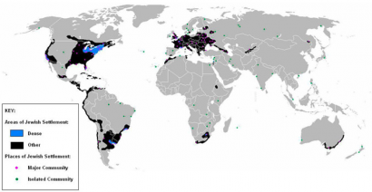 Zsidók a világban ma (nagyítható). Kék - sűrűn lakott, fekete - ritkábban lakott, piros - városok jelentős zsidó lakossággal.